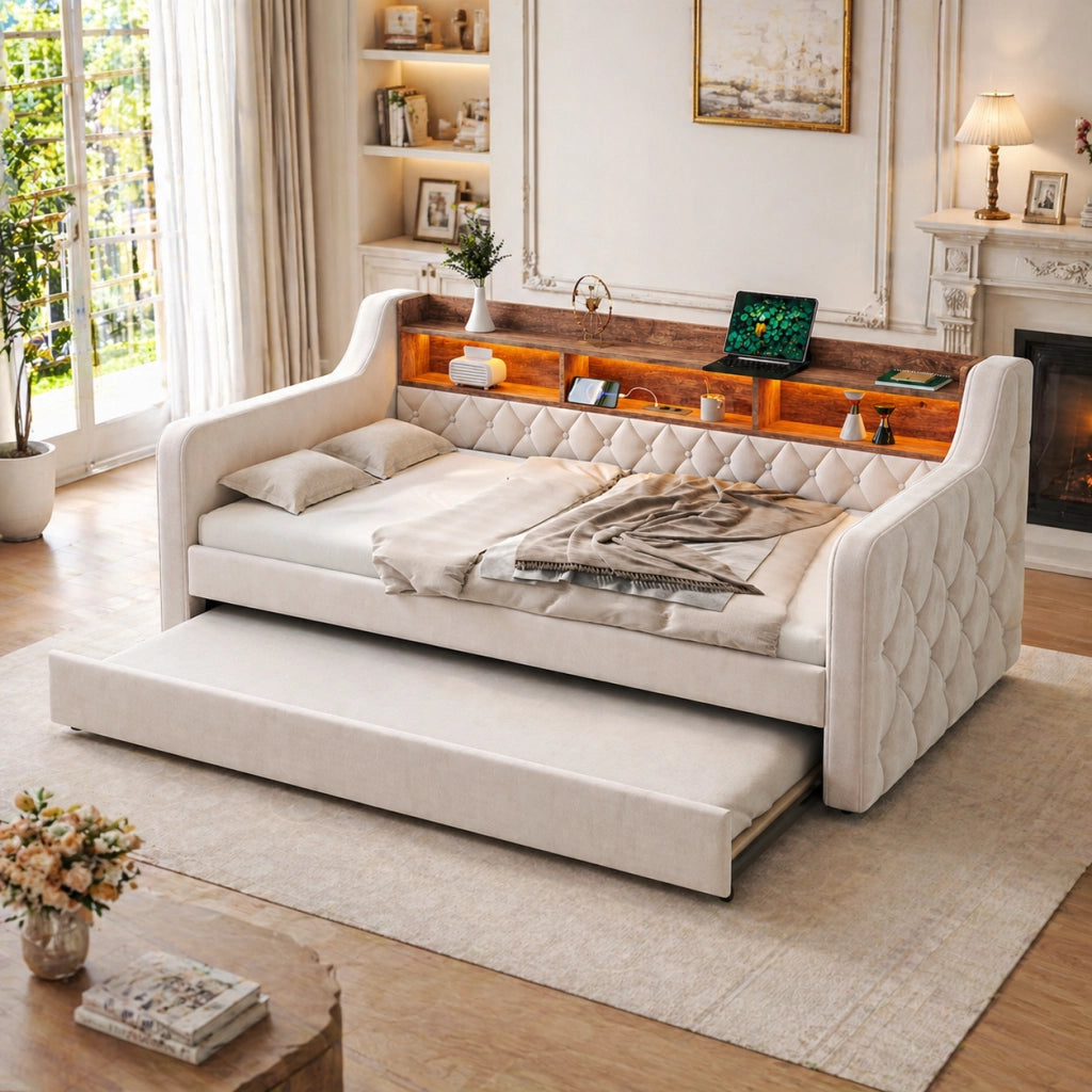 LETTO Estraibile 90x190 cm in Velluto Beige con LED, USB-C e ripiano