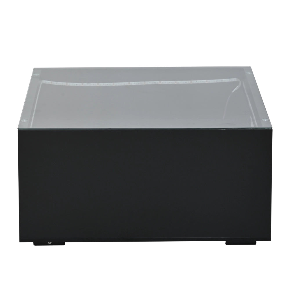 Tavolino da caffè 70x70x35 cm; 2 cassetti con LED; MDF e vetro temperato nero
