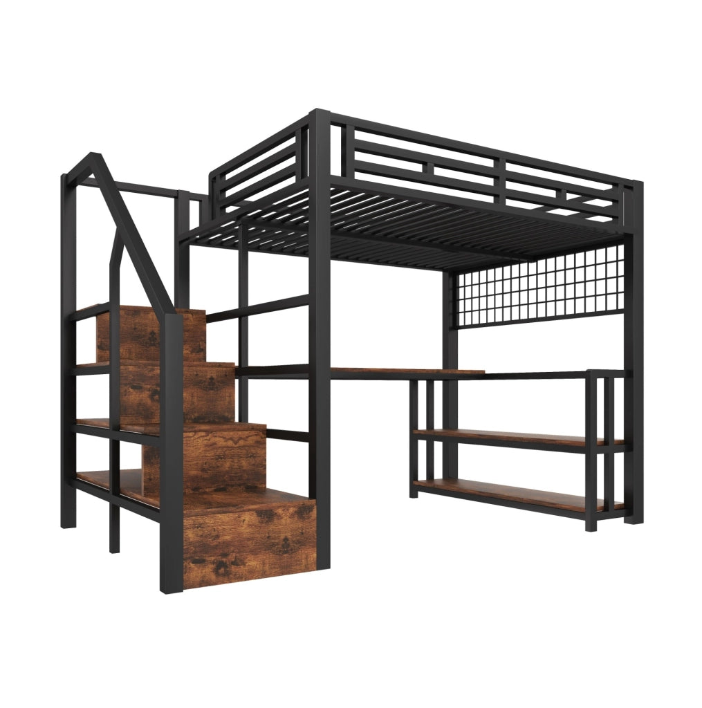 Letto a soppalco ULEVR 140x200 cm con scrivania, LED, USB e contenitori, metallo e MDF nero