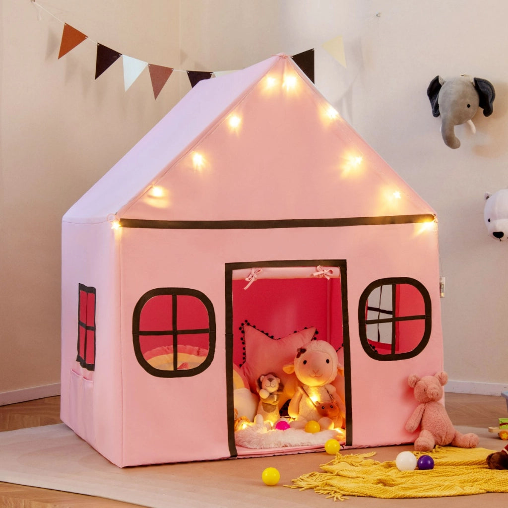 Tenda da gioco per bambini con tenda porta e finestre e luci a stella-Tenda da interno per bambini e bambine 3-10 anni Rosa