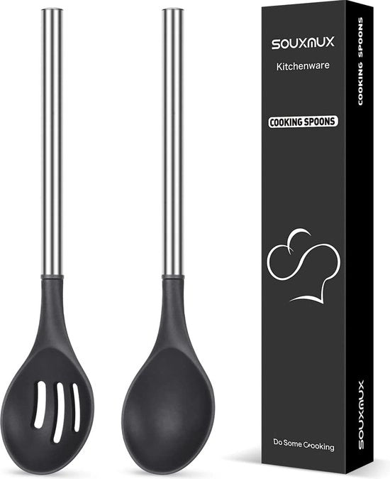 Set di 2 cucchiai in silicone, insieme di cucchiaio fisso e mobile, rivestimento antiaderente, BPA libero, resistente al calore, manico in acciaio inossidabile