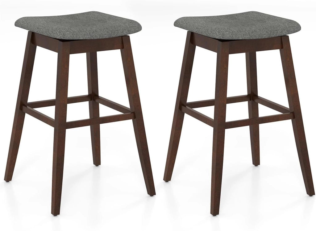 Set di 2 Sgabelli da Bar Girevoli, Sedie Ergonomiche in Tessuto di Lino con Seduta Imbottita, Poggiapiedi e Gambe in Legno di Gomma, Portata 140 kg, per Isola Cucina, Soggiorno e Pub