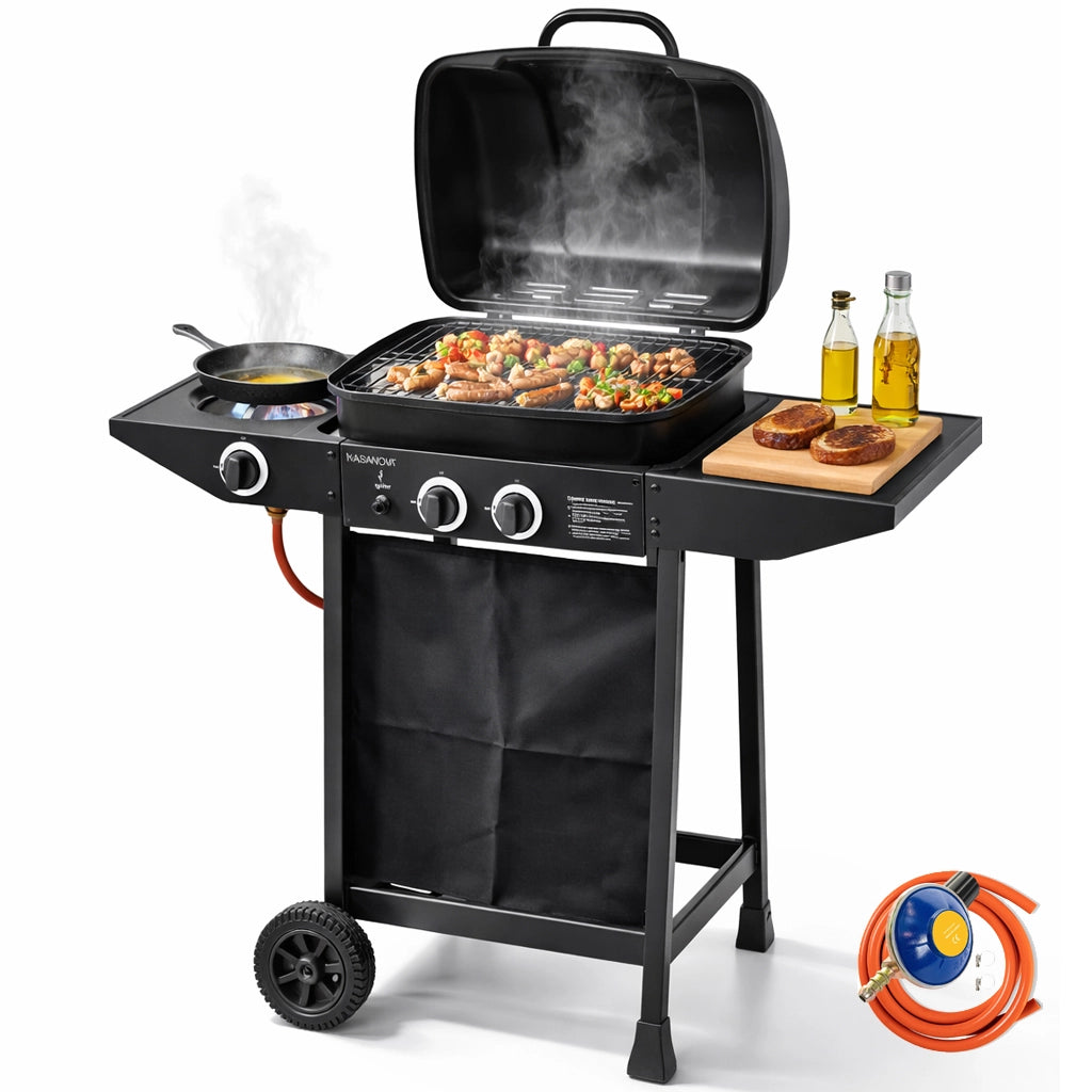 Barbecue a gas 2 Fuochi Bruciatori e fornellino laterale con ruote e Griglia Acciaio