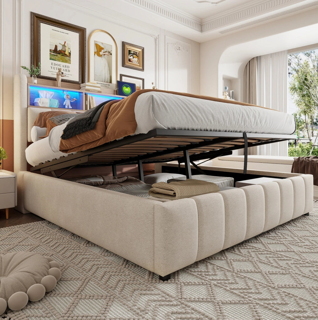 Letto imbottito 180x200 cm con LED, porte USB e contenitore con sollevamento idraulico