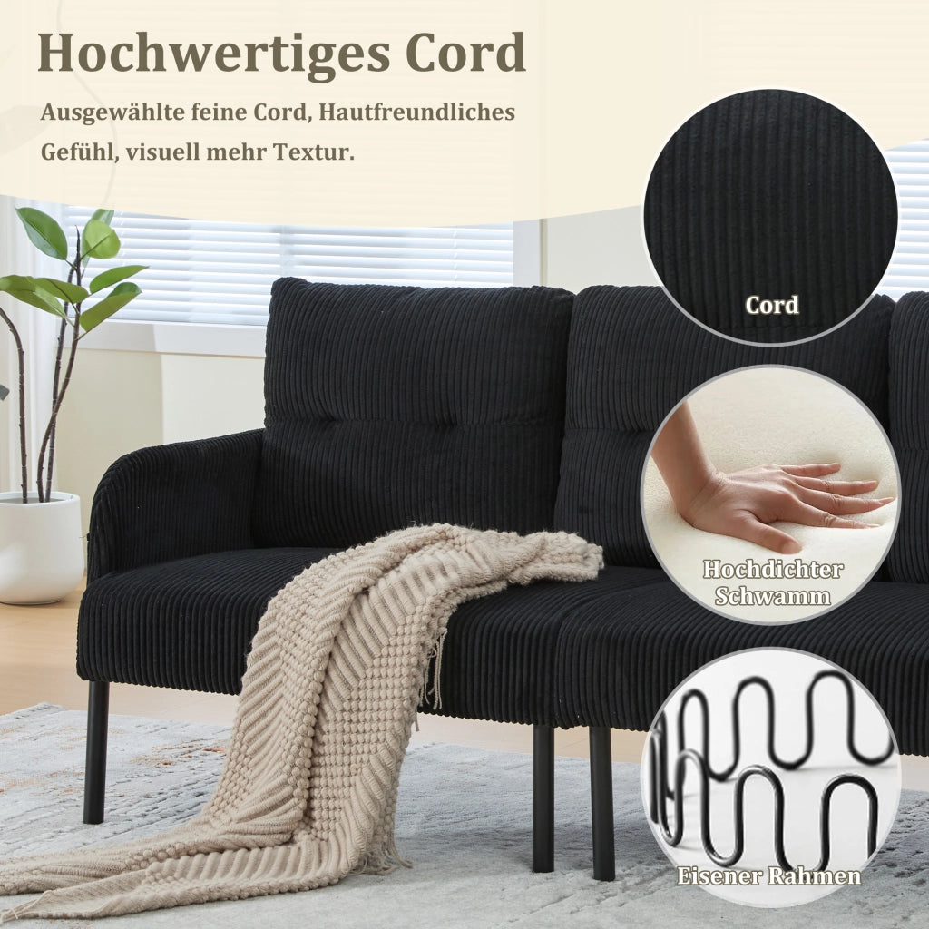 Divano a tre posti in velluto a coste con schienale ergonomico, tasca laterale e struttura in metallo nero 171 × 72 × 80 cm