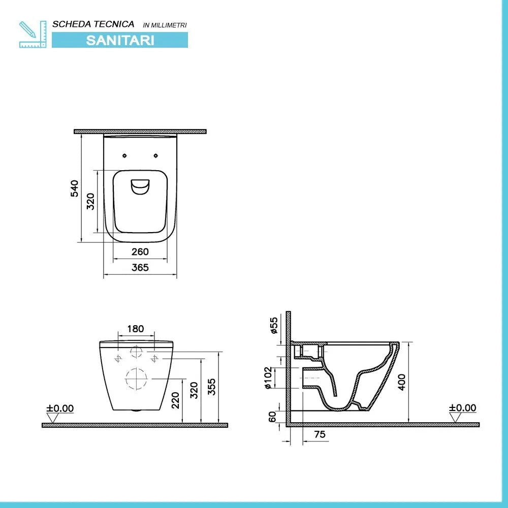 Wc sospeso senza brida Rimless in ceramica bianco lucida  Square