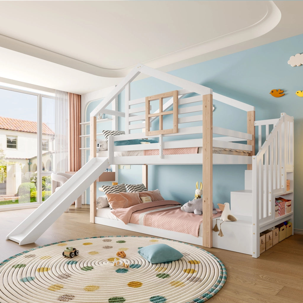 Letto a castello con scivolo e scala in legno bianco 90x200 cm