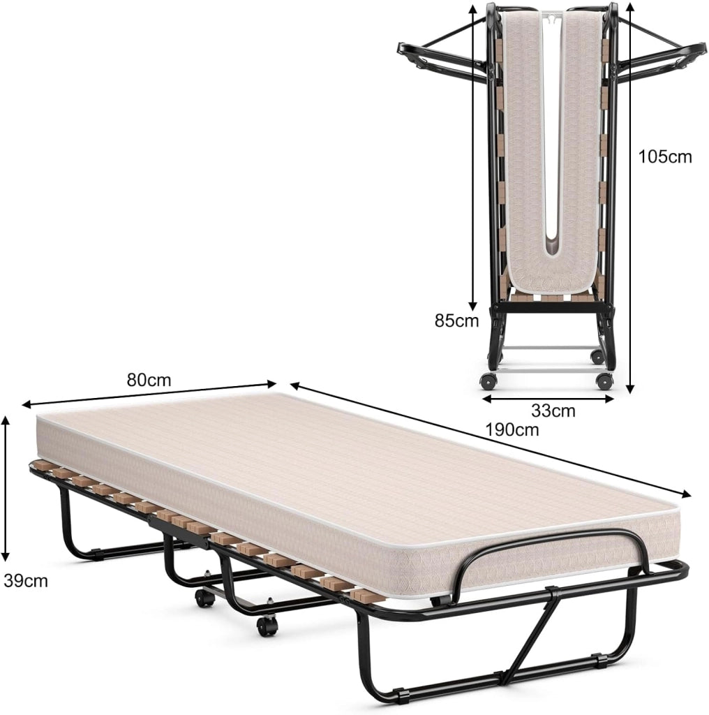 Brandina Pieghevole con Materasso, in Memory Foam, Struttura Resistente e 4 Ruote Girevoli, Lettino Pieghevole per Casa Ufficio, 190x80x39 cm