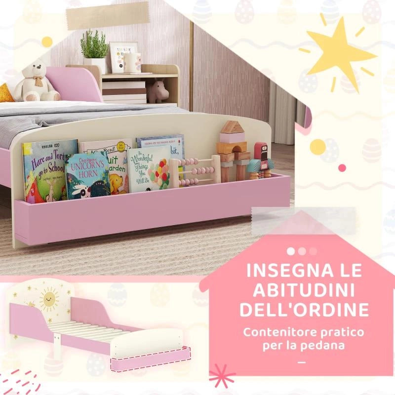 LETTO PER BAMBINI 3-8 ANNI BASSO IN LEGNO CON SPAZIO CONTENITORE E SPONDE LATERALI, 150X77X60 CM, ROSA