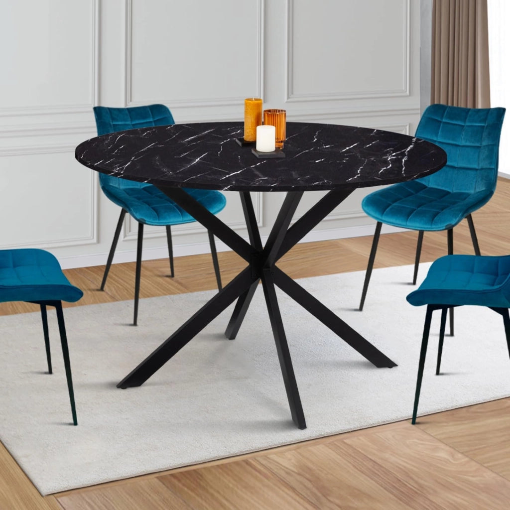 Tavolo da pranzo rotondo per 6 persone ALIX con gamba a ragno nera e piano ALASKA 110 cm effetto marmo nero