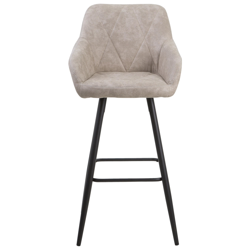 Set di 2 Sgabelli da Bar Rivestiti in Tessuto Beige con Braccioli Schienale Trapuntato Gambe in Metallo Nero