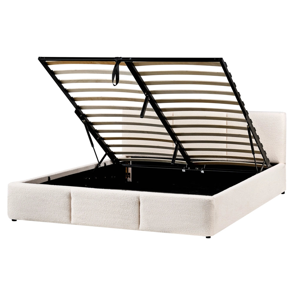 Letto matrimoniale in tessuto bouclè bianco sporco con contenitore 160 x 200 cm Testiera Rivestita Funzione Contenitore