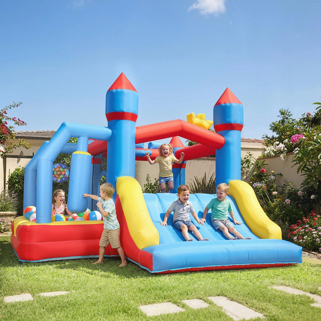 Parco acquatico gonfiabile 5 in 1 con soffiatore, scivoli, trampolino ¨C zephmum ¨C multicolore