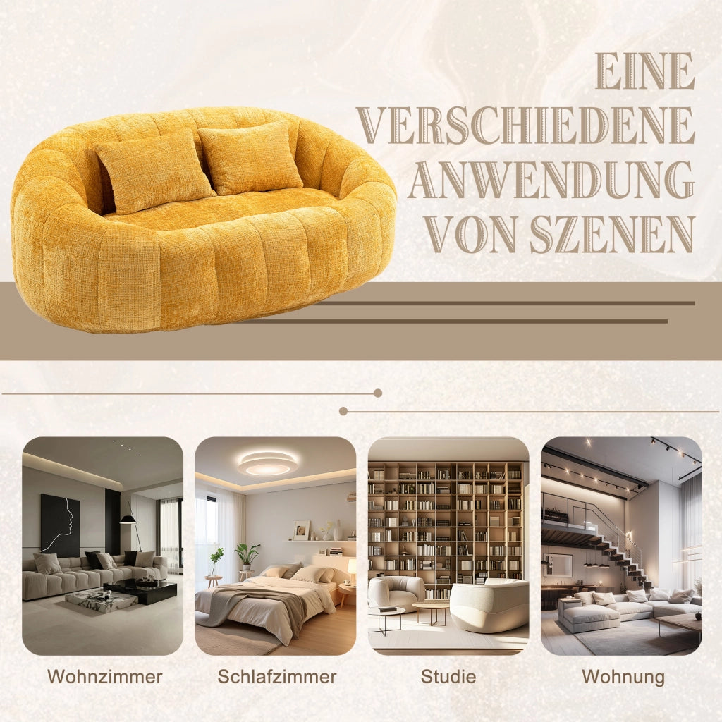 Divano Pouf 2 Posti con Braccioli Schienale Alto Imbottitura Memory Foam Poltrona Lounge da Pavimento in Ciniglia Giallo