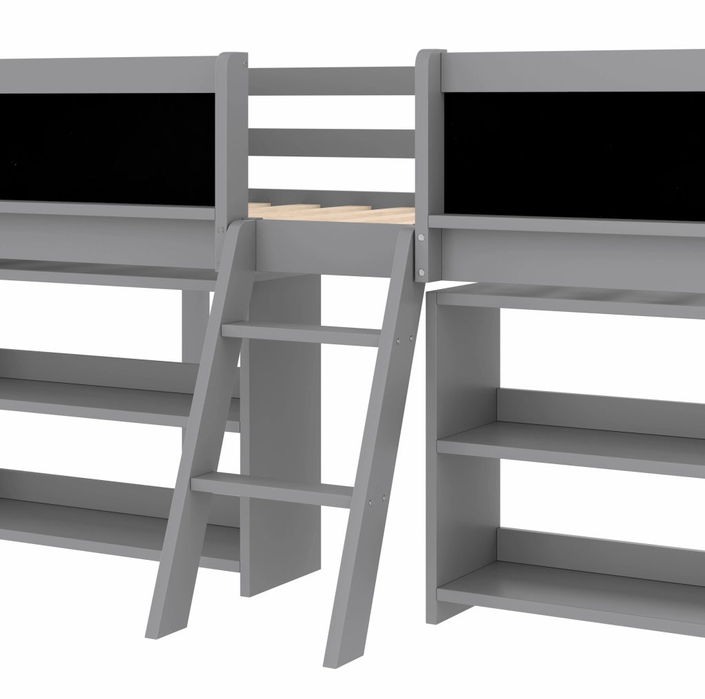 Letto semialto per bambini 90x200 cm con ripiani e lavagna grigio