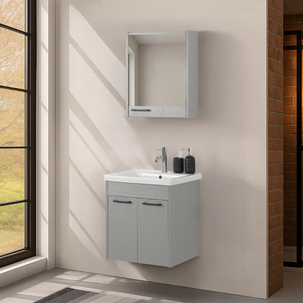 Mobile bagno sospeso 55 cm grigio chiaro effetto legno con armadietto a specchio Sofia
