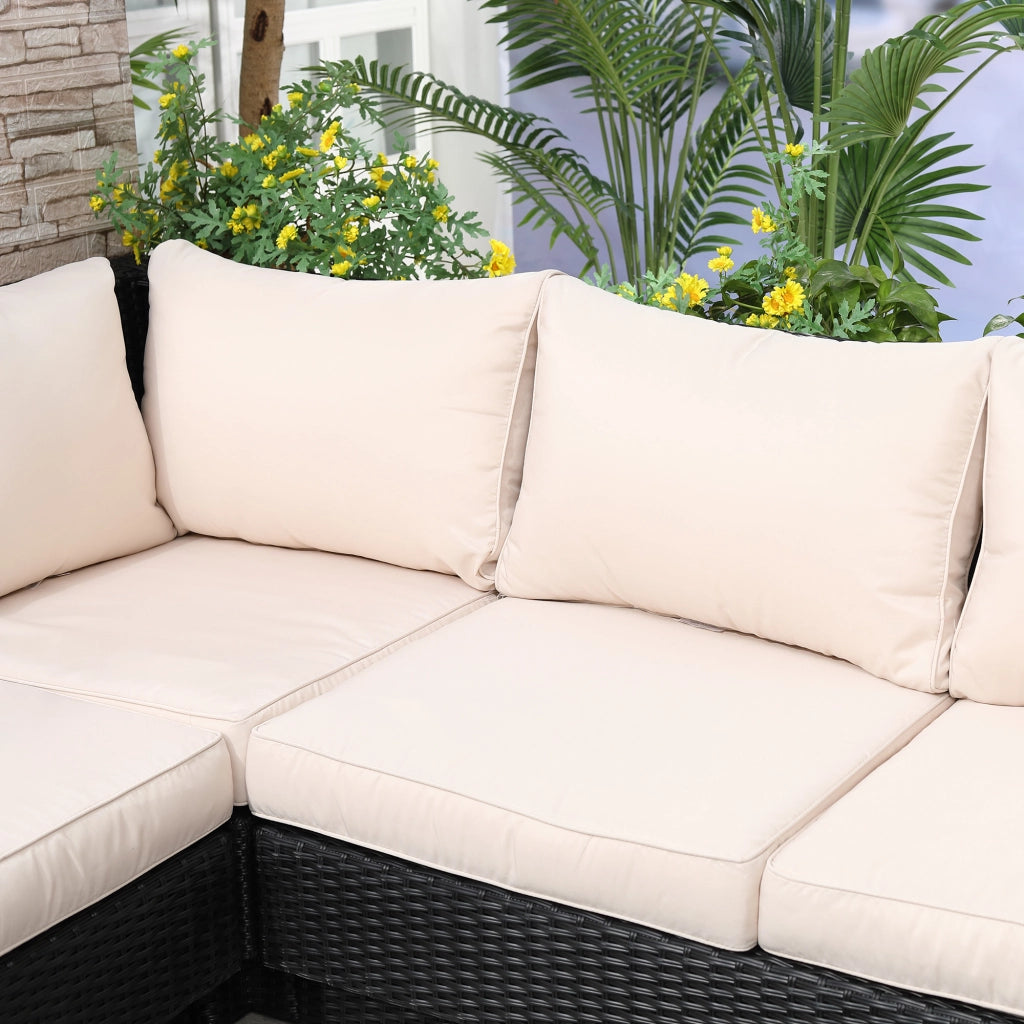 Set da giardino per 4 persone con scaffali e tavolino cuscino nero ideale per terrazza e balcone