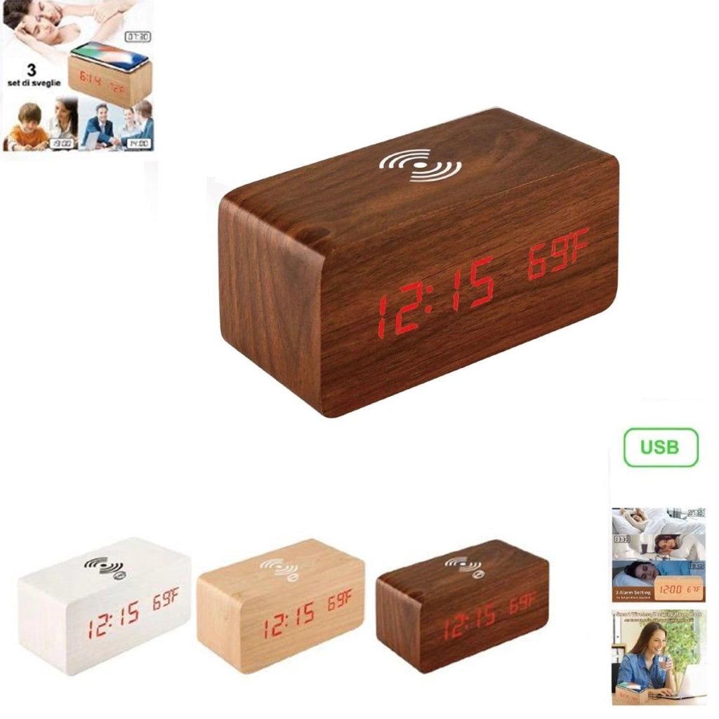 SVEGLIA DIGITALE MULTIFUNZIONE LEGNO LED RICARICA WIRELESS TEMPERATURA 06724