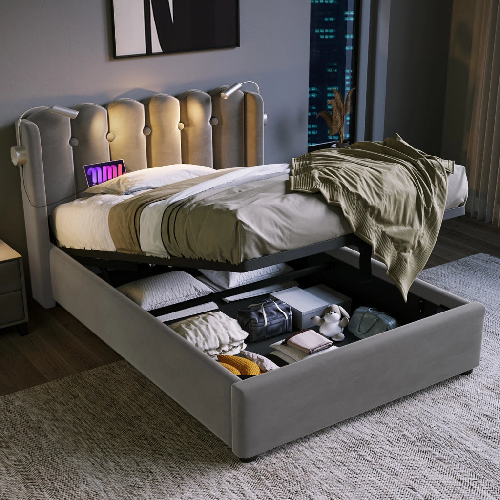 LETTO Contenitore 90x200 cm Velluto Grigio con materasso incluso