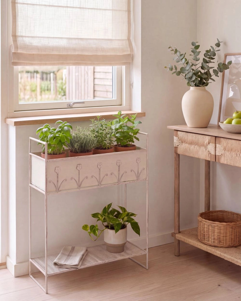 Fioriera rialzata in ferro beige 62 x 25 x 70 cm Vaso da fiori rialzato su piedistallo Supporto per piante da interno ed esterno
