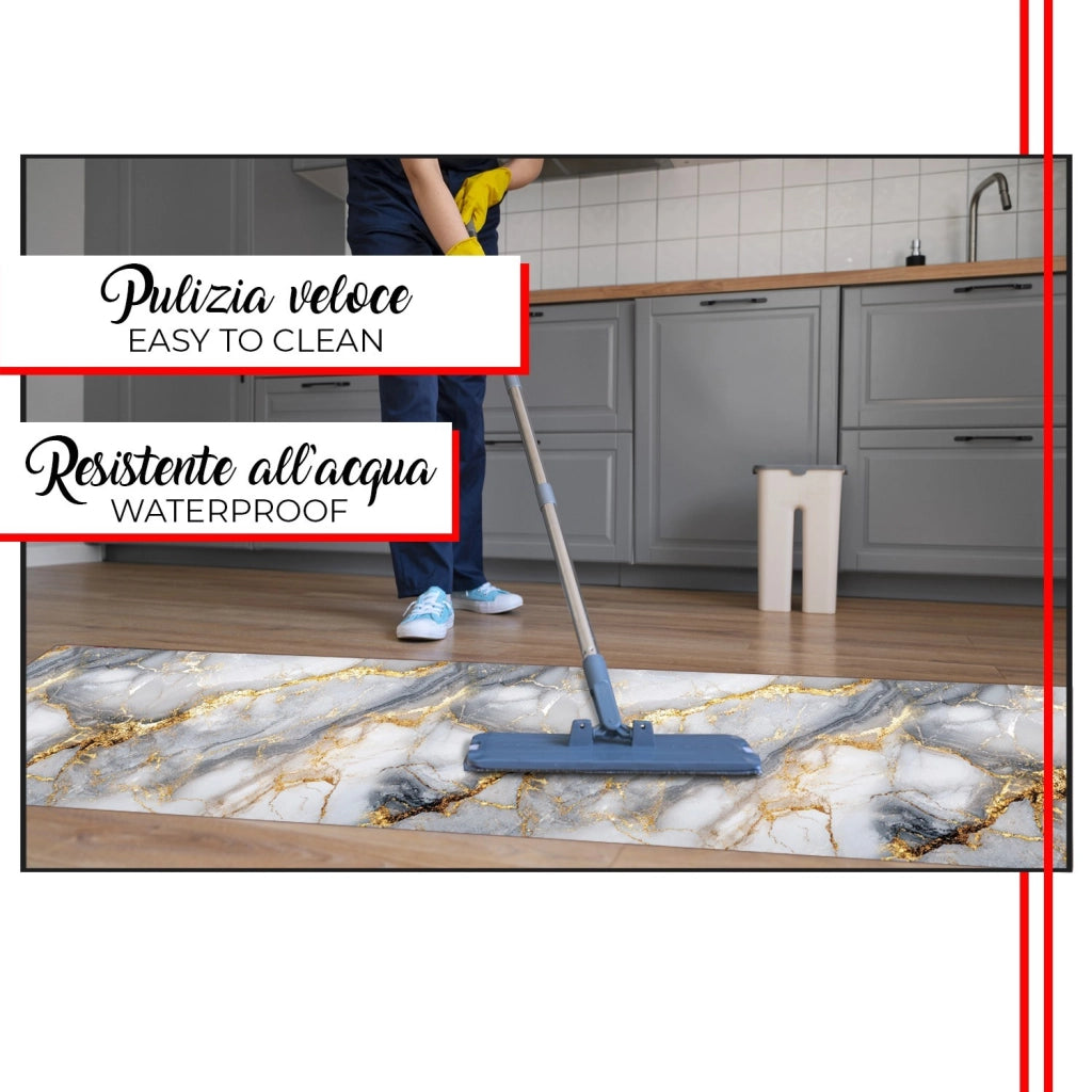Tappeto Cucina Gomma Stampato Alta Risoluzione HD Antimacchia Antiscivolo Marmo Venato Oro - 51x80 Cm