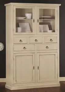 Credenza cristalliera in legno Shabby chic avorio anticato 5 cassetti