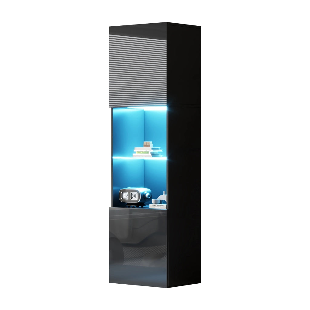 Vetrina Nera Lucida con LED e Ripiano in Vetro 45x35x160 cm