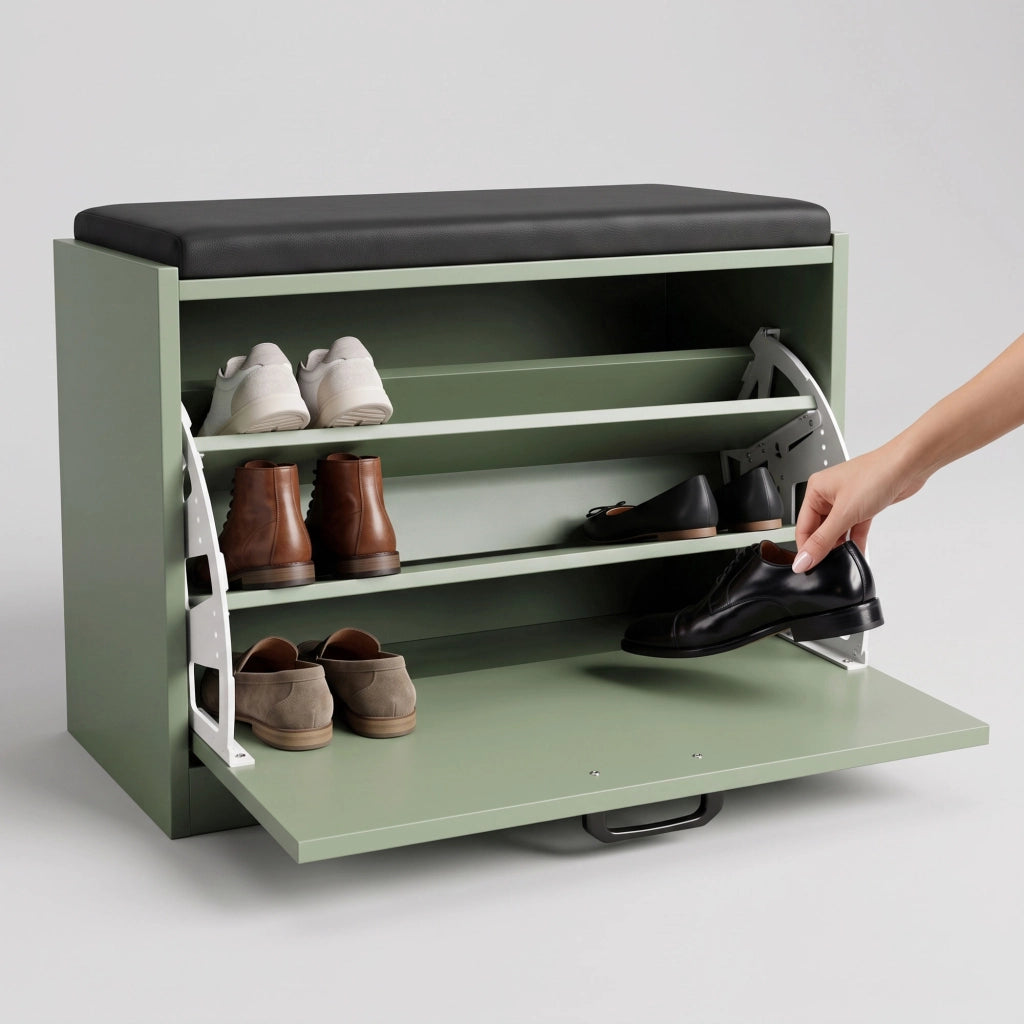Kaizen - Panca da Ingresso con Scarpiera 63x47x30 cm 9 paia Portascarpe con Cuscino in Legno Salvia