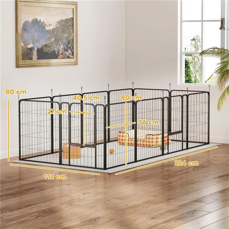RECINTO PER CANI A 12 PANNELLI MODULABILI DA 68X1.5X80CM IN ACCIAIO NERO CON PORTA DI INGRESSO