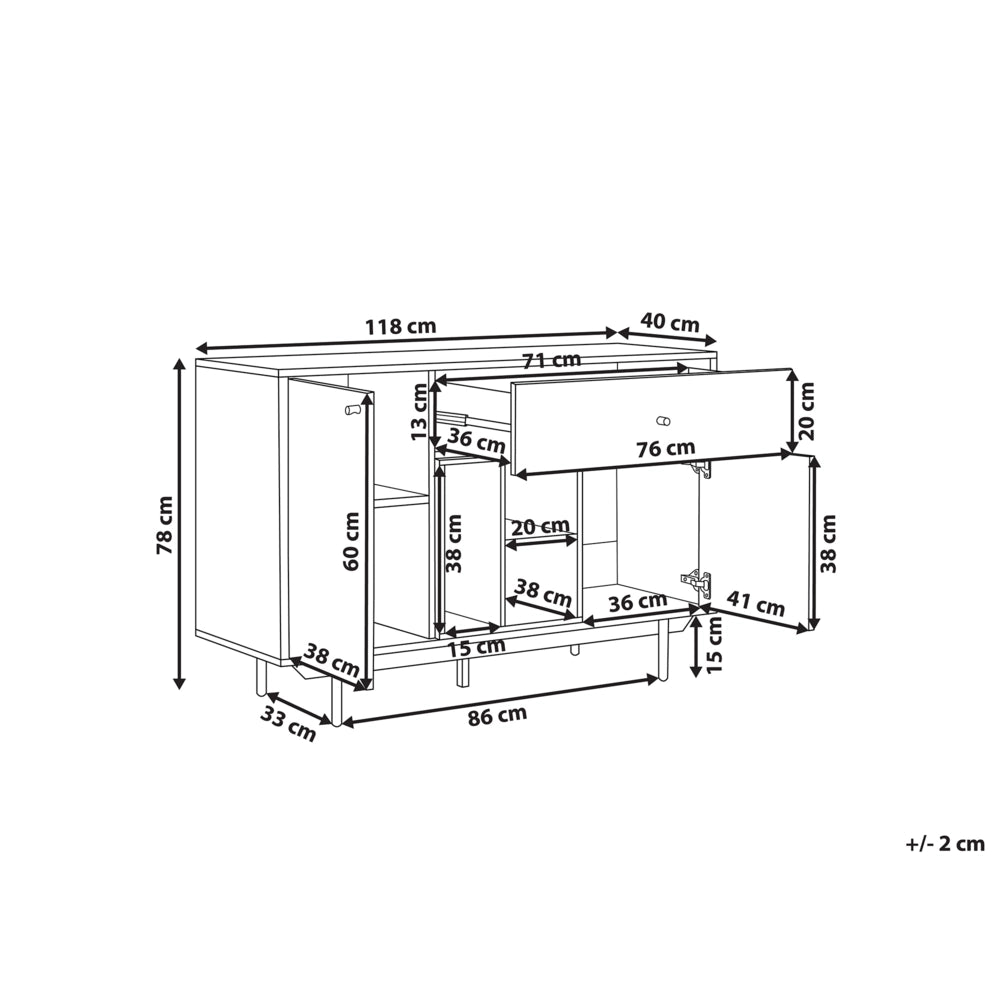 Credenza in legno chiaro con armadi in derivati del legno bianchi Scaffali per cassetti in stile retrò