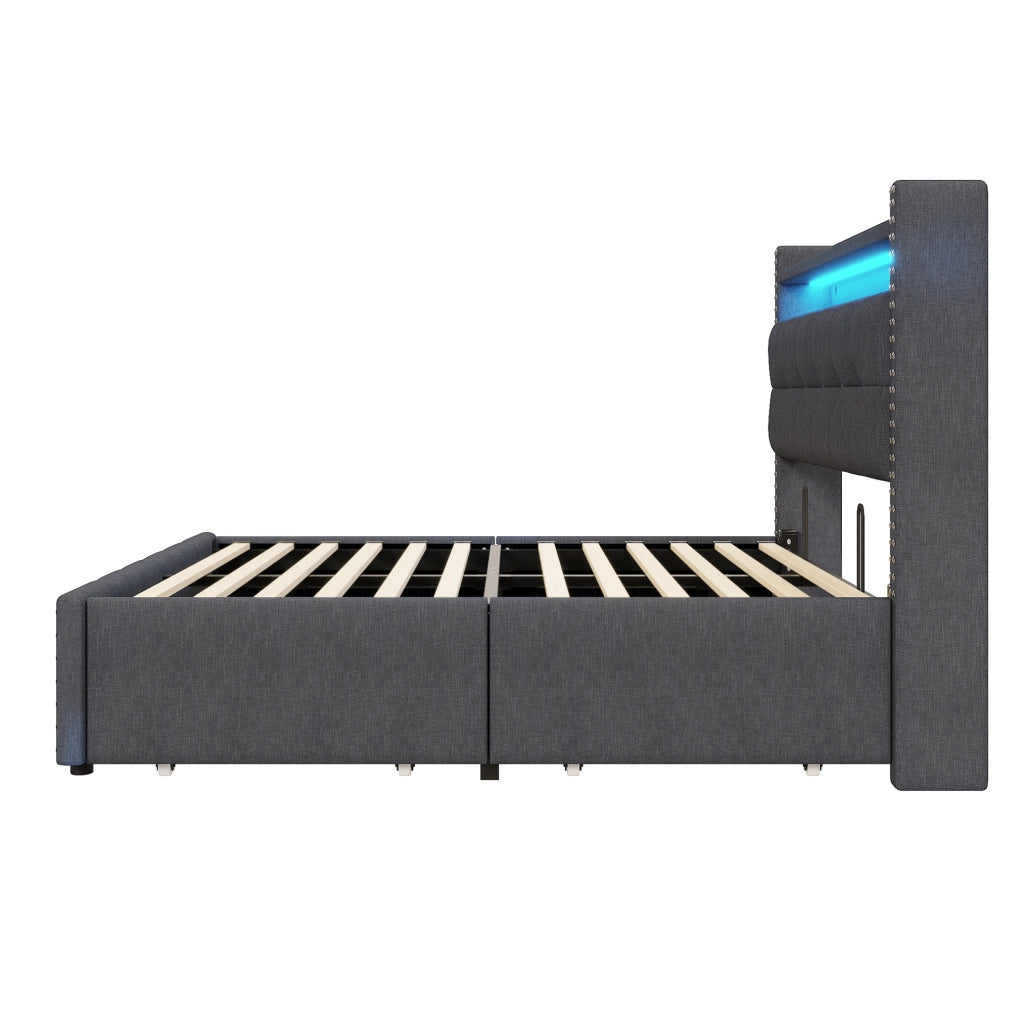 Letto matrimoniale imbottito 140x200 cm con LED e USB; contenitore e rivestimento in lino grigio