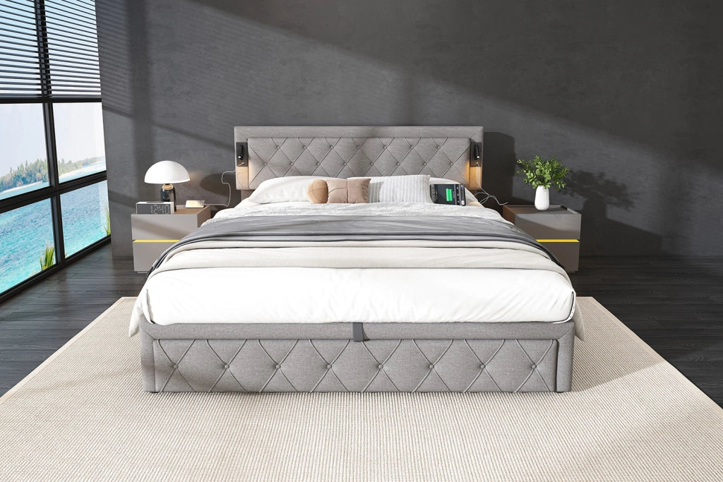 DESMIU Letto contenitore 180 × 200 cm 2 posti con LED, USB e sollevamento idraulico, senza materasso, in lino, grigio
