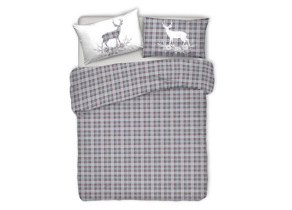 Copripiumino Sacco Piumone Pensieri Delicati 100% Cotone Dis. Cervo Tartan - Matrimoniale - Grigio