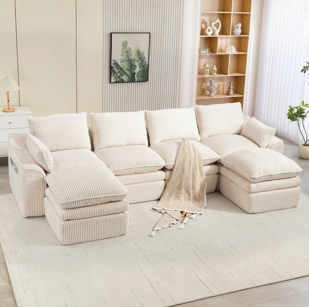 Divano modulare beige in velluto a coste con tasche laterali e molle interne