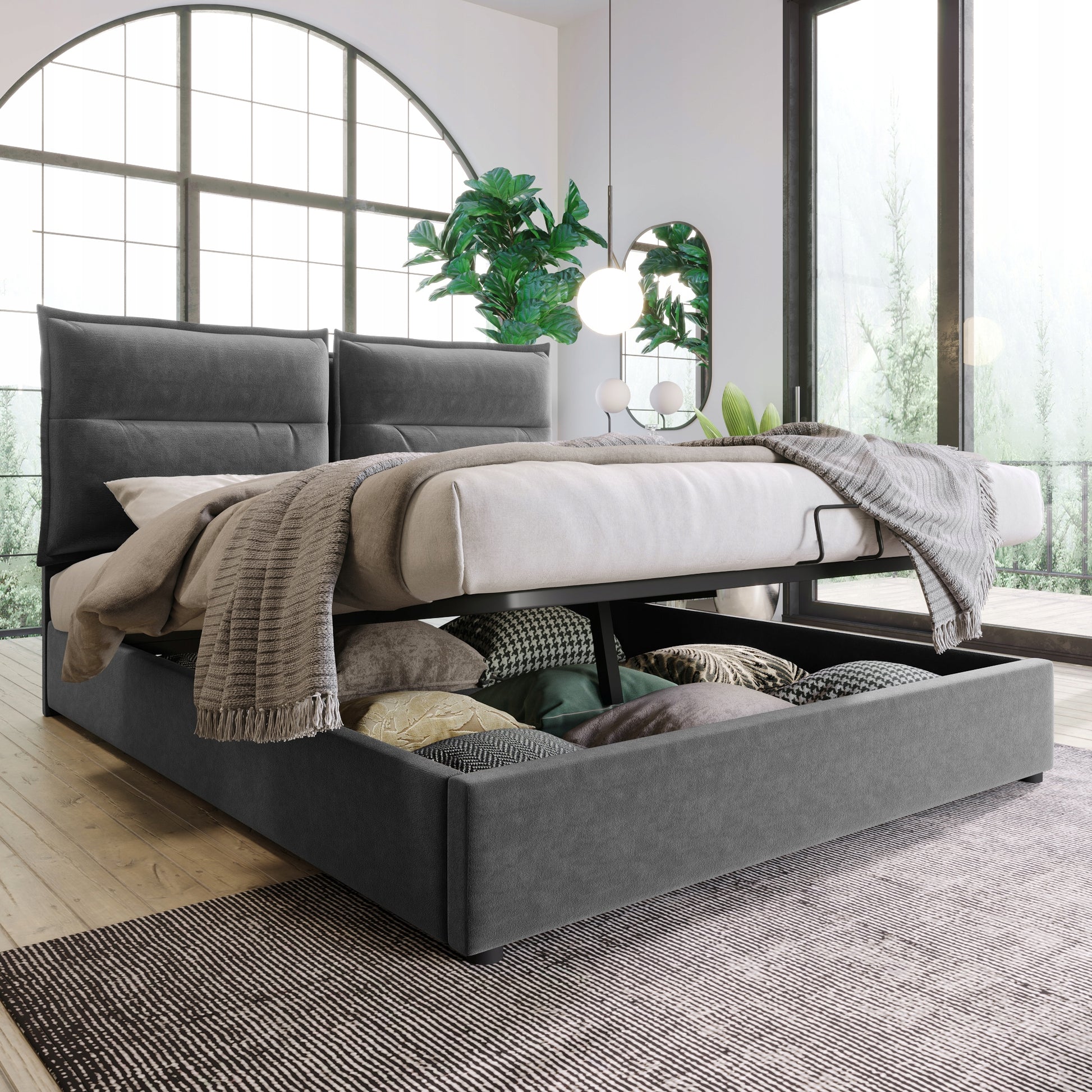 Letto imbottito 140x200 - Xylo - Grigio, regolabile idraulicamente