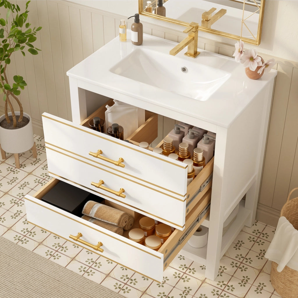 Mobile sottolavabo con lavabo in ceramica, 2 cassetti e vano aperto, finitura lucida, per bagno, bianco oro, 76 cm