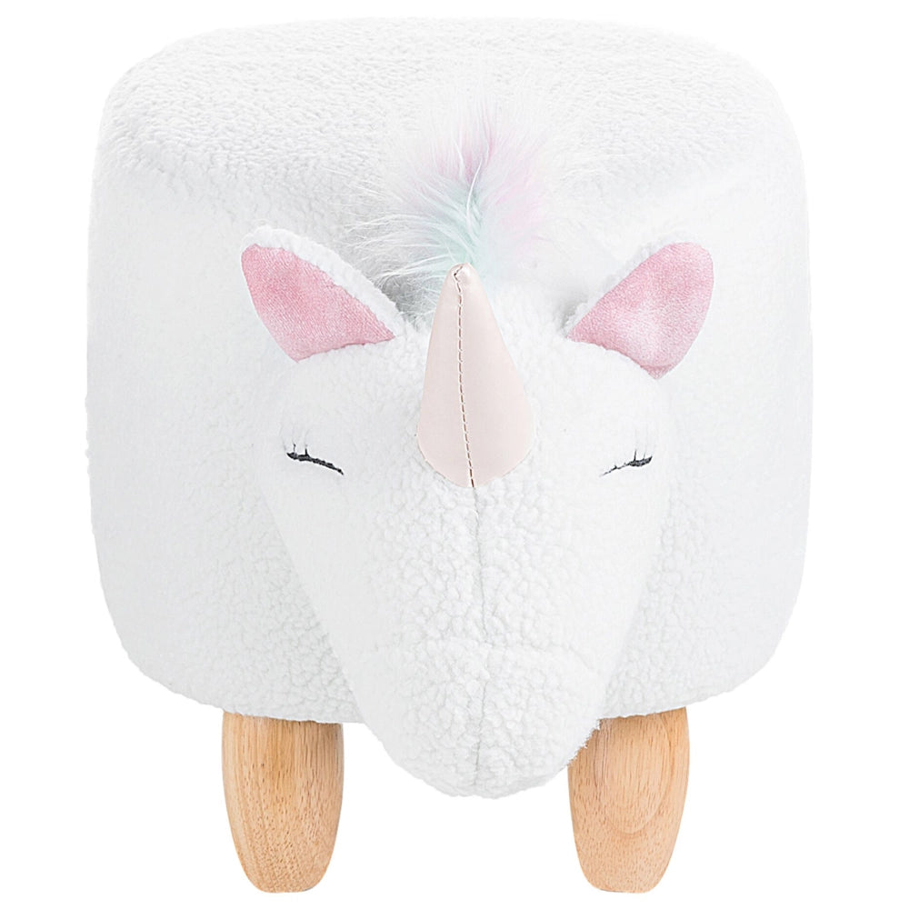 Sgabello per bambini Unicorno animale Tessuto in poliestere bianco Gambe in legno imbottite Poggiapiedi per scuola materna