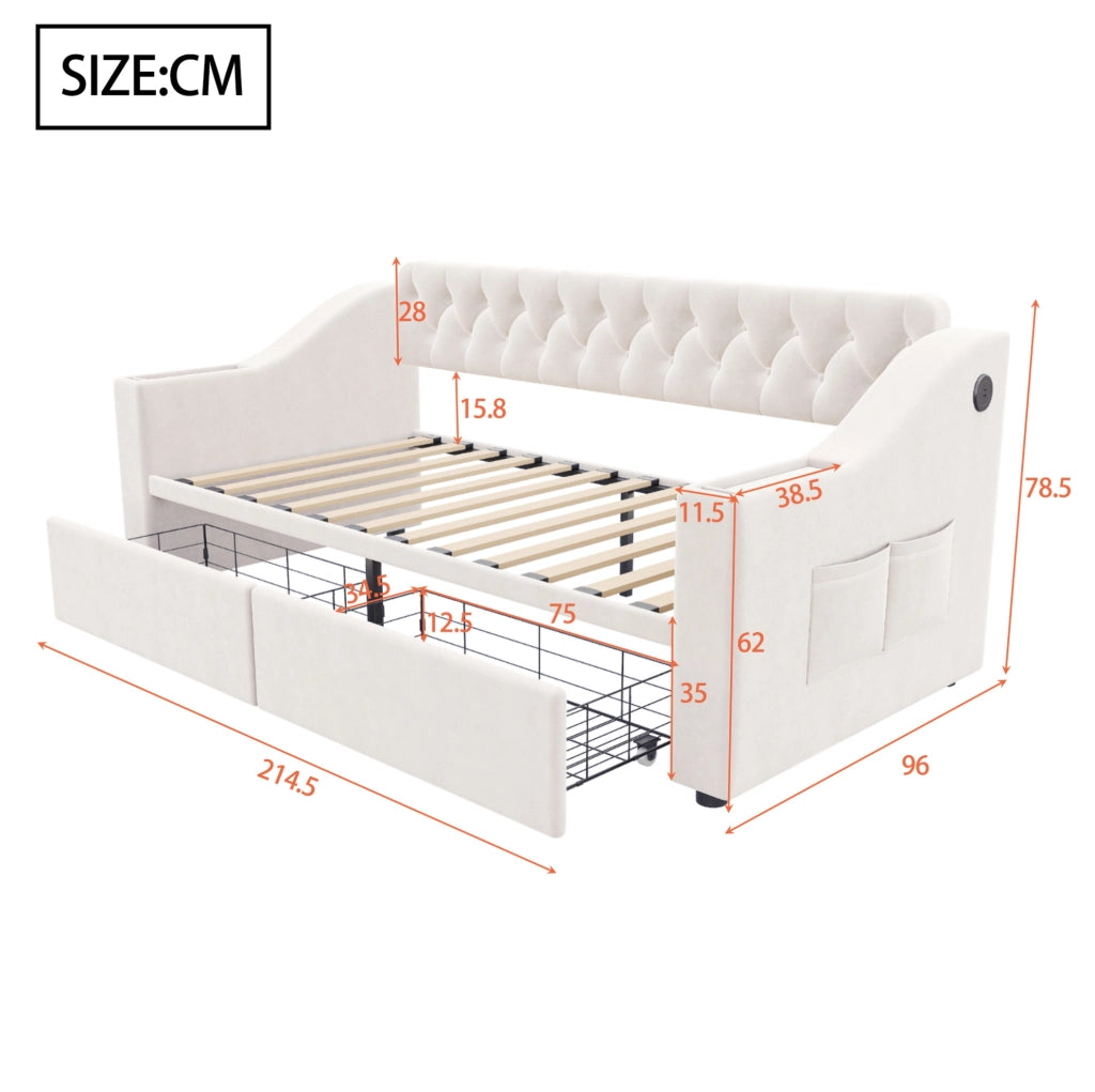 Letto imbottito 90 x 190 cm con USB, cassetti e braccioli beige