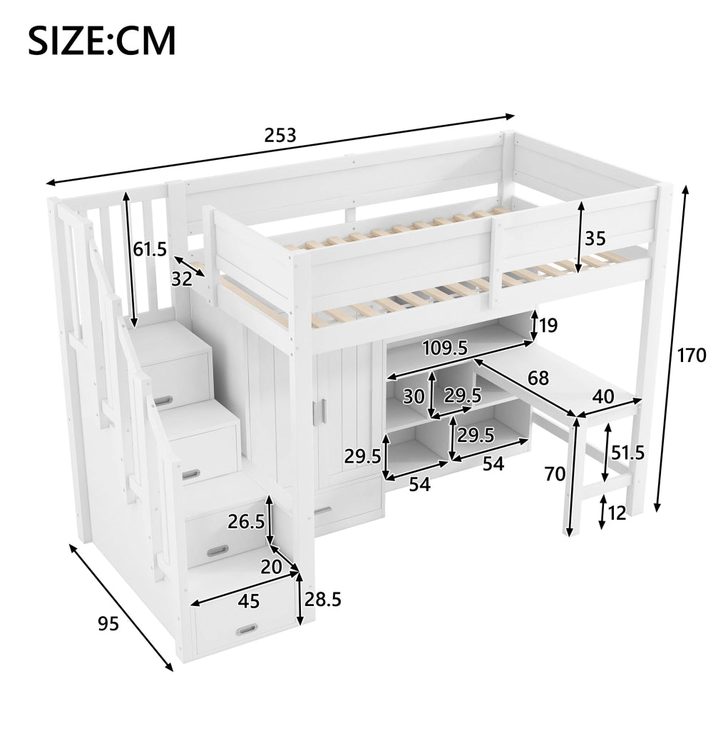 Letto a soppalco 90x200 cm con scrivania; armadio; scala contenitore e LED; bianco