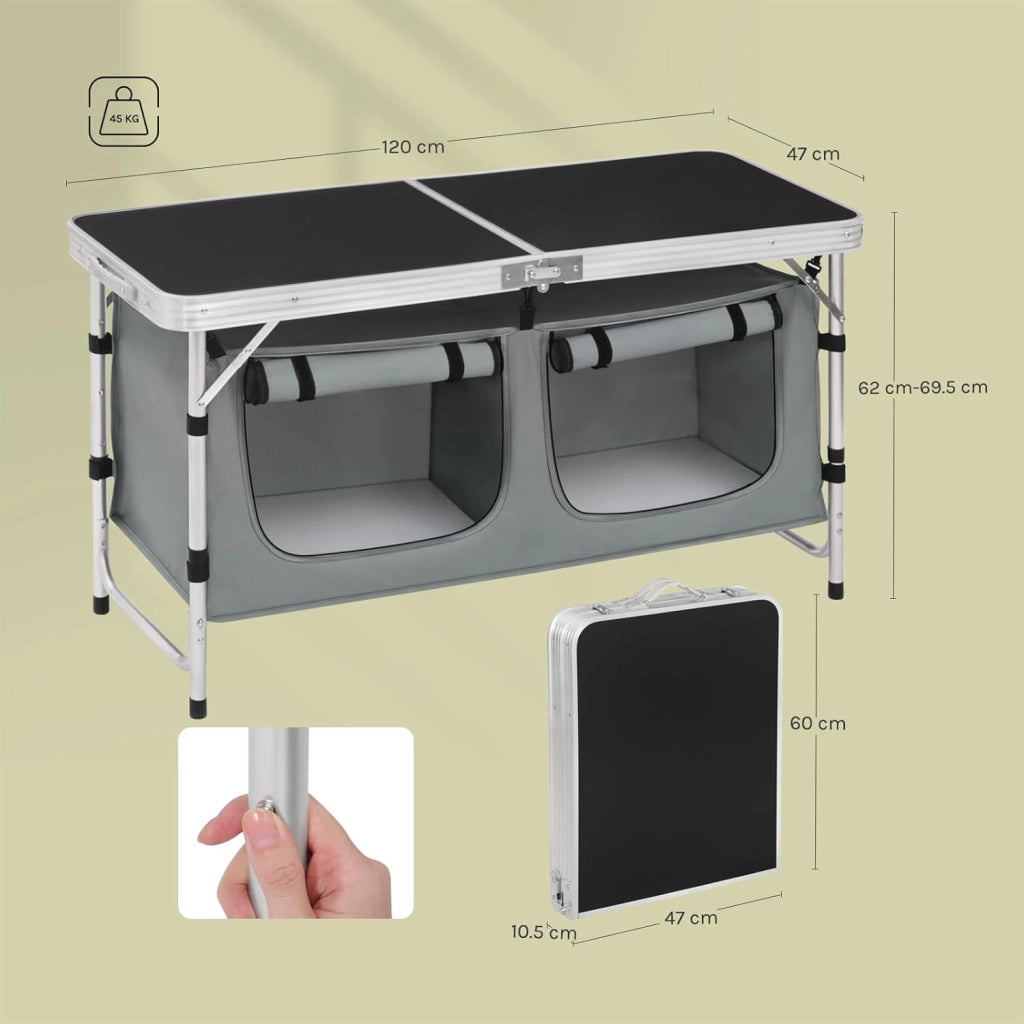 Tavolo da Picnic Pieghevole, Mobile Cucina da Campeggio, Esterno, in MDF e alluminio con 2 Scomparti Regolabili in Altezza, 120 x 47 x 62/69.5 cm