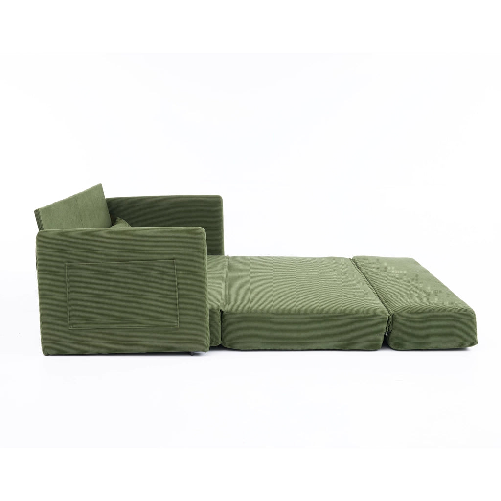 Divano Letto Convertibile 2 Posti con tasche laterali e due cuscini lombari, in velluto a coste, Verde