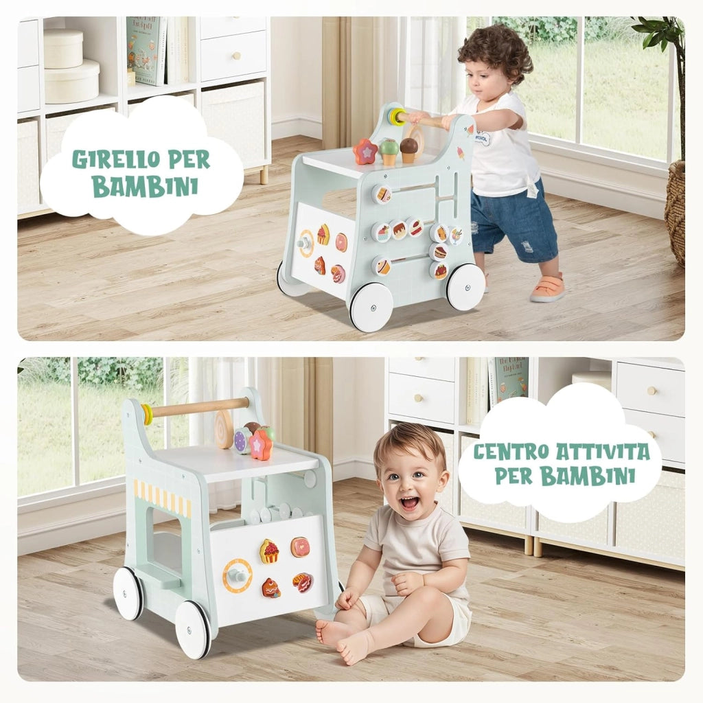 Girello 2 in 1 per Bambini, Carrello Primi Passi in Legno con Spazio di Archiviazione, Negozio di Dolci con Gelati, Cursori, Labirinto, Piatto e Cucchiaio, Centro Attività per 1+ Anni (Verde)