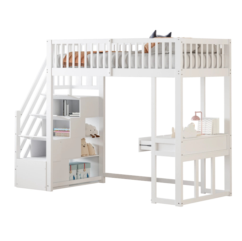 Letto a soppalco 90x200 cm con tavolo multifunzione in legno bianco