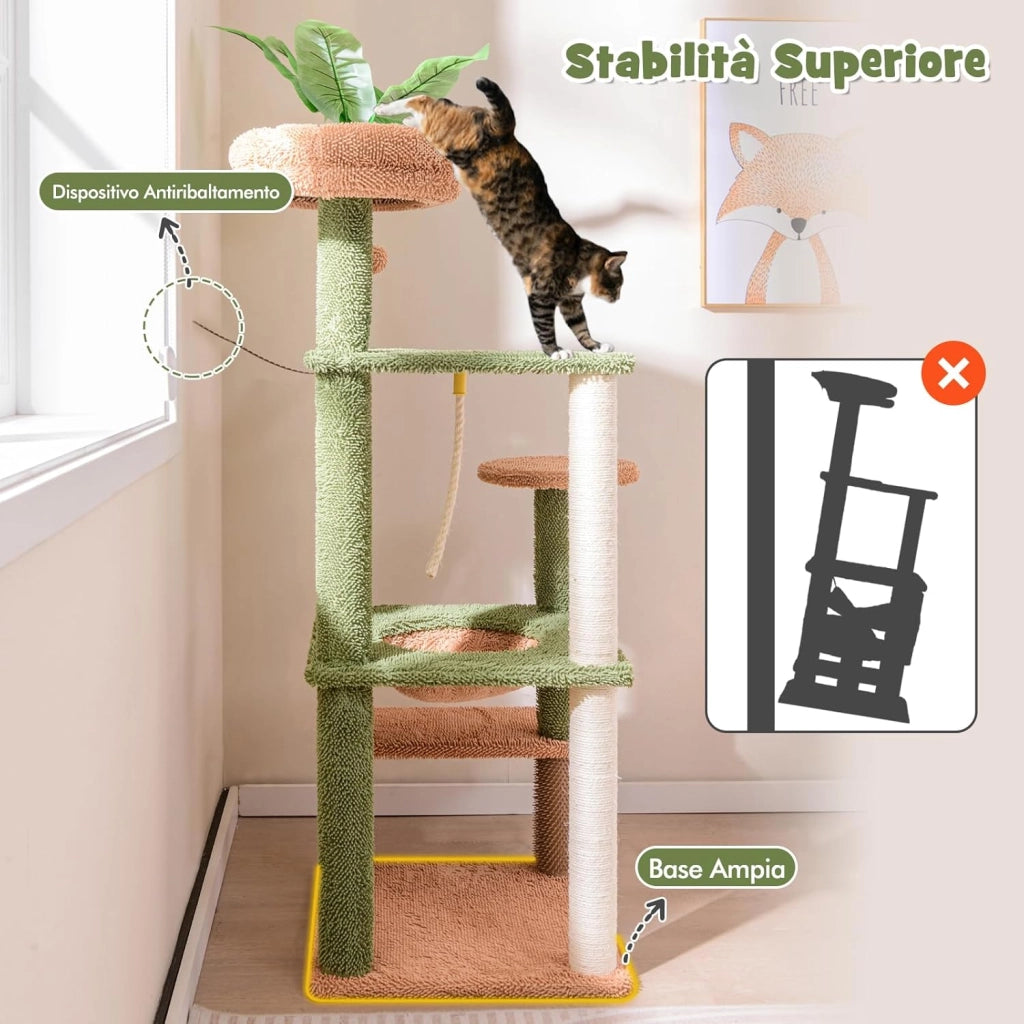 Albero per Gatti 152 CM, Tiragraffi per Gatti in Sisal con Posatoio in Peluche, Giocattolo Appeso, Autopulizia, Pianta Finta e Piattaforme di Salto, Centro Attività per Gattini