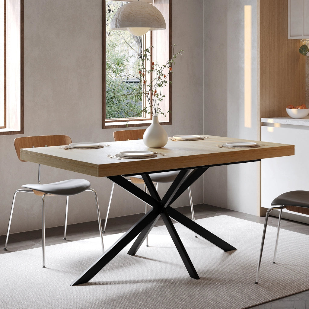 Tavolo allungabile rettangolare con vano contenitore e base in metallo per cucina e sala da pranzo naturale 140 × 80 × 76 cm