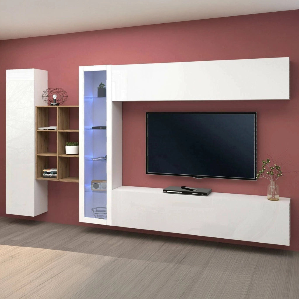 Mobile Soggiorno Alessano, Parete Attrezzata 17 Ripiani Made in Italy, 280x30x180h cm Bianco Lucido