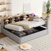Letto imbottito ULEVR 140x200 cm con contenitore idraulico, luce notturna, USB e Type-C, velluto grigio chiaro