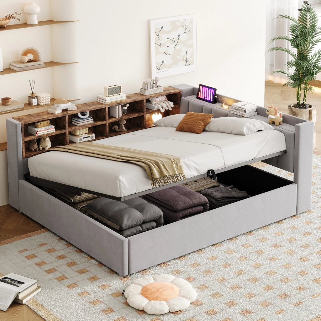 Letto imbottito ULEVR 140x200 cm con contenitore idraulico, luce notturna, USB e Type-C, velluto grigio chiaro