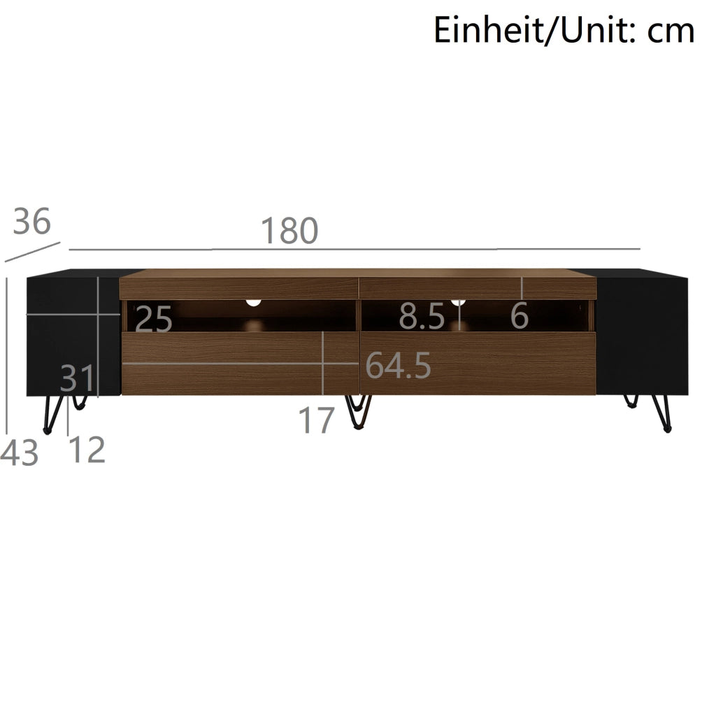 Mobile TV con 2 Ante e 4 Vani Aperti; Passacavi; Piedini in Ferro; Stile Moderno; in MDF e PB; Nero e Legno; 180??36??43 cm