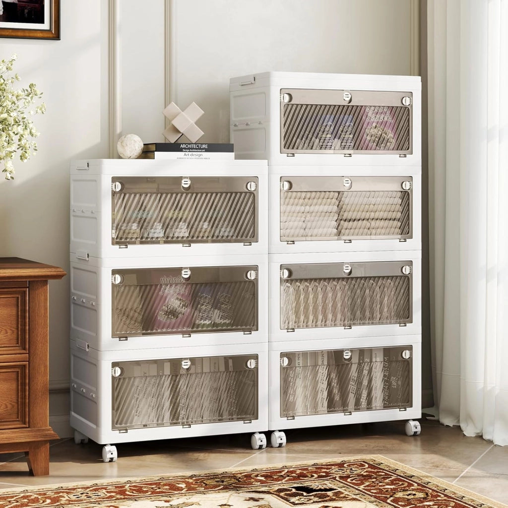 Scatole portaoggetti in plastica da 168 l, contenitori impilabili a 4 livelli con ruote, coperchio, organizer pieghevole per soggiorno, camera da letto, ufficio, dormitorio